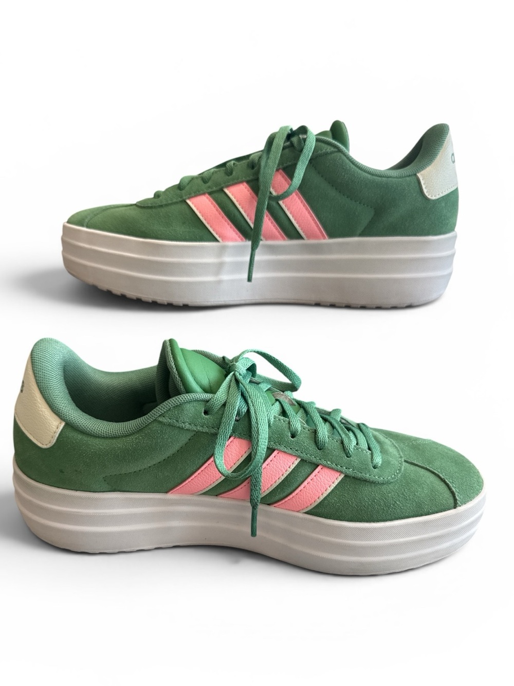 Adidas VL Court Bold Suede Platform Sneakers Green w/ Pink Stripes Women Sz 9.5 - Picture 4 of 8